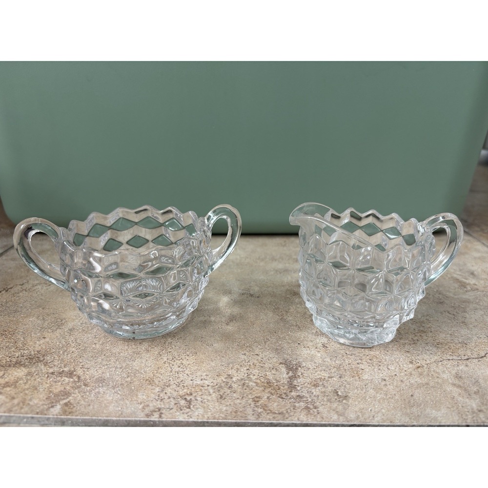 Fostoria American Vintage Geometric Cubed Cut Glass Open Sugar Bowl & Creamer